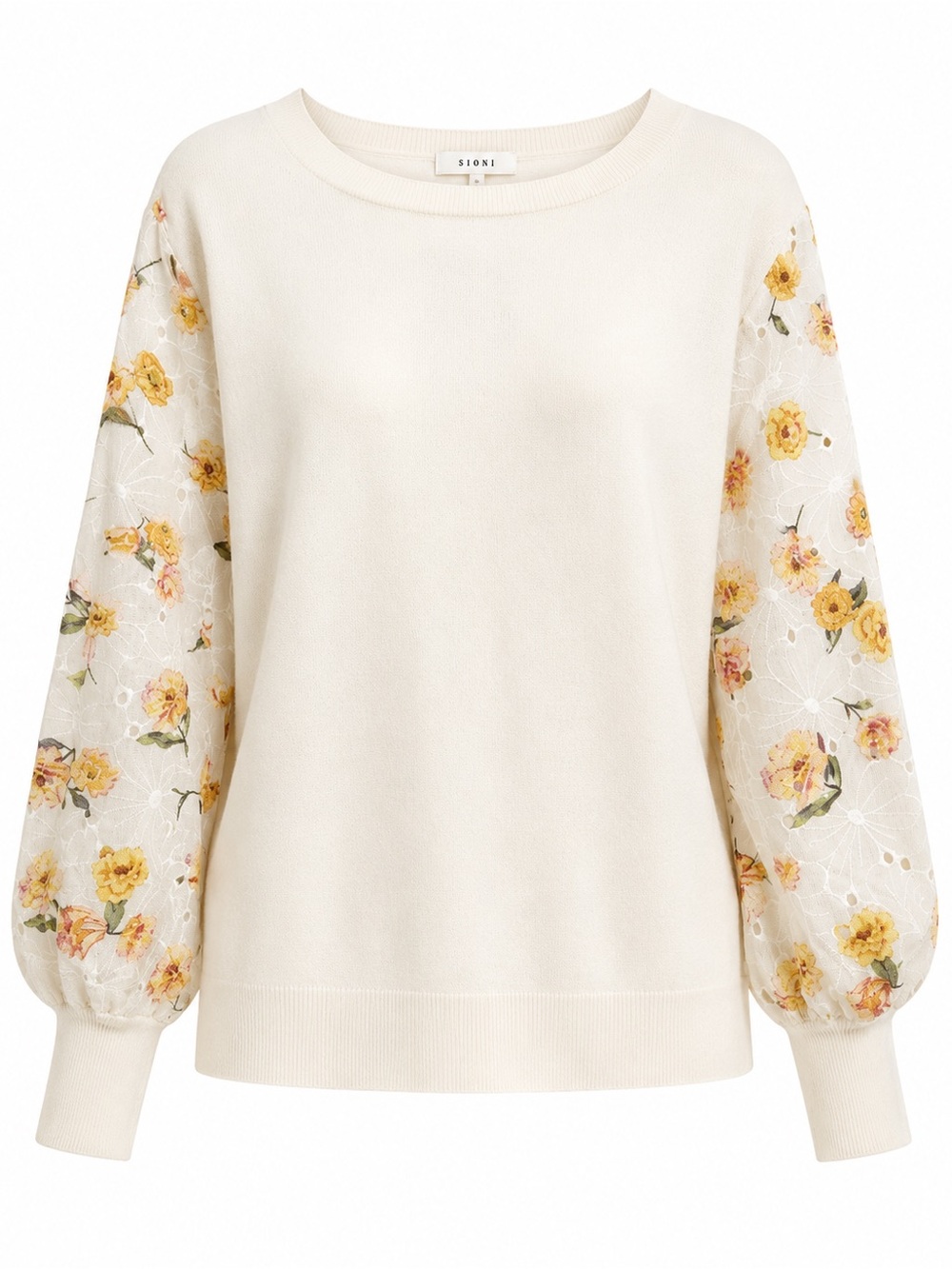 Sioni Cream Sweater with Yellow Floral Puff Sleeves